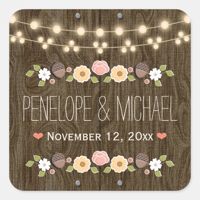Blush String of Lights Rustic Fall Acorn Wedding Square Sticker (Front)