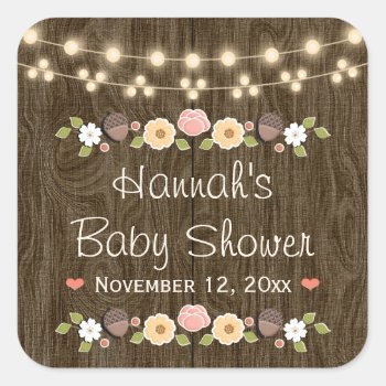 Blush String Of Lights Rustic Fall Bridal Shower Square Sticker by OccasionInvitations at Zazzle