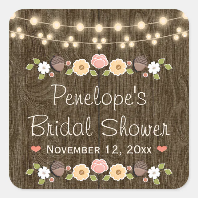 Blush String of Lights Rustic Fall Bridal Shower Square Sticker | Zazzle