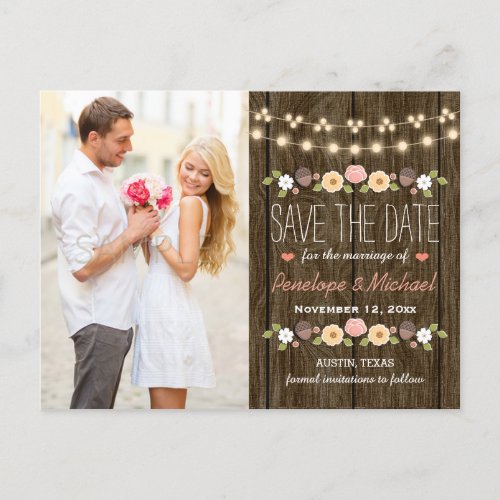 Blush String of Lights Rustic Fall Save the Date Announcement Postcard