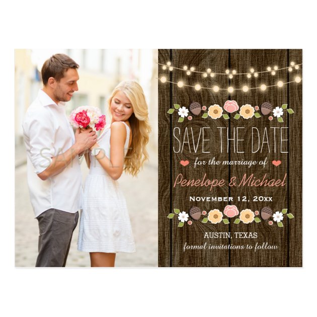 Blush String Of Lights Rustic Fall Save The Date Postcard