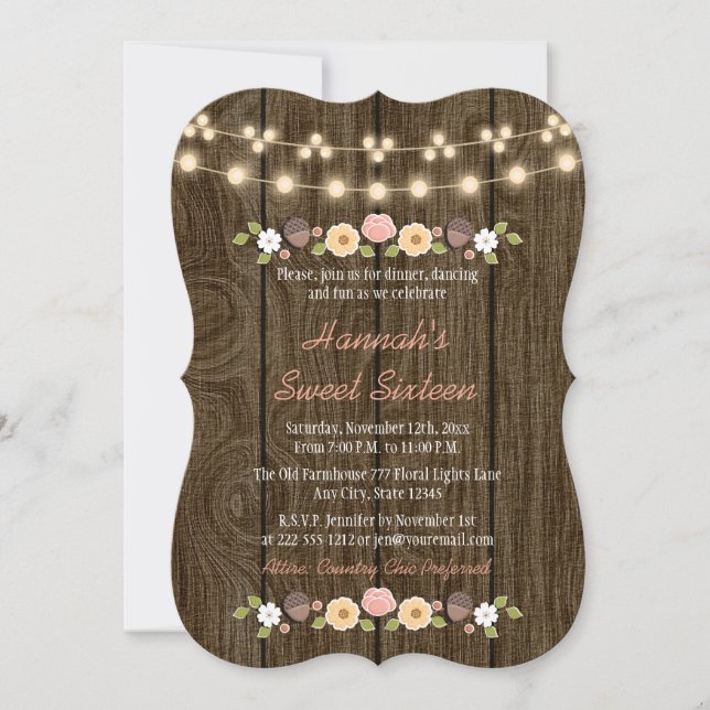 Blush String of Lights Rustic Sweet 16 Invitation (Front)