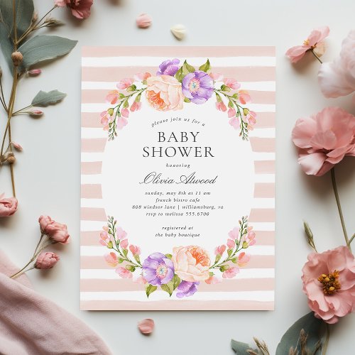 Blush Stripe and Bloom Baby Shower Invitation