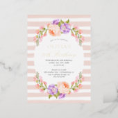 Blush Stripe and Bloom Birthday Brunch Party Foil Invitation (Standing Front)