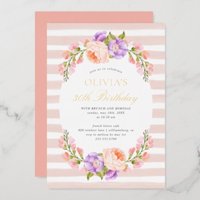 Blush Stripe and Bloom Birthday Brunch Party Foil Invitation (Front/Back)
