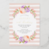 Blush Stripe and Bloom Birthday Brunch Party Foil Invitation (Front)