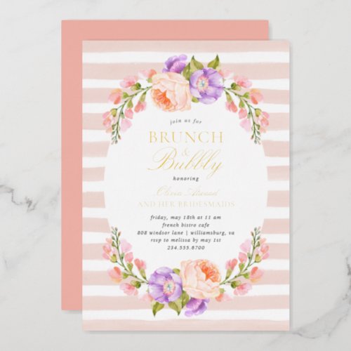 Blush Stripe and Bloom Bridal Brunch and Bubbly Foil Invitation