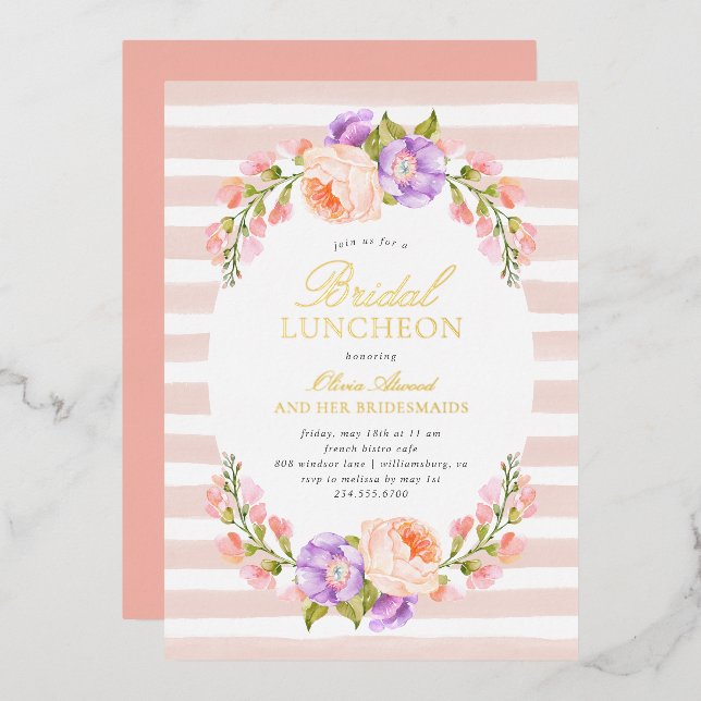Blush Stripe and Bloom Bridal Luncheon Foil Invitation (Front/Back)