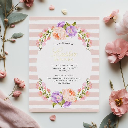 Blush Stripe and Bloom Easter Dinner Party Foil Invitation