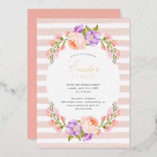 Blush Stripe and Bloom Easter Lunch Party Foil Invitation