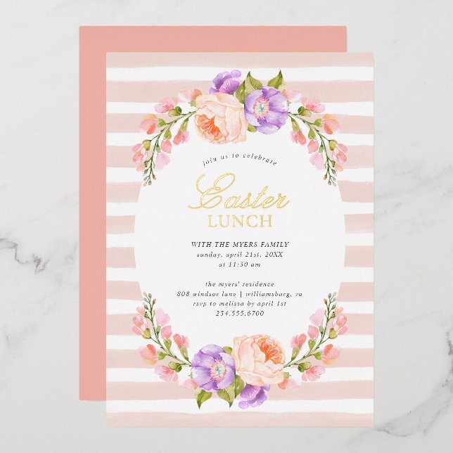 Blush Stripe and Bloom Easter Lunch Party Foil Invitation (Front/Back)