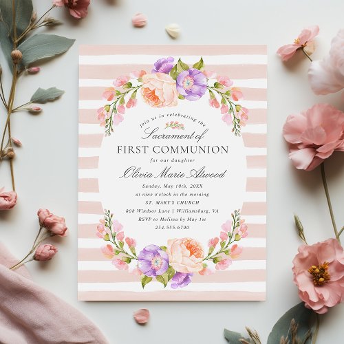 Blush Stripe and Bloom First Communion Invitation