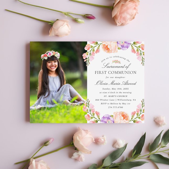 Blush Stripe and Bloom Photo First Communion Invitation (Creator Uploaded)