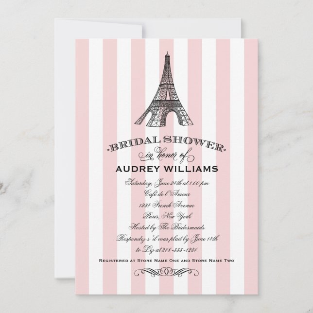 Blush Stripe Eiffel Tower Wedding Bridal Shower Invitation (Front)