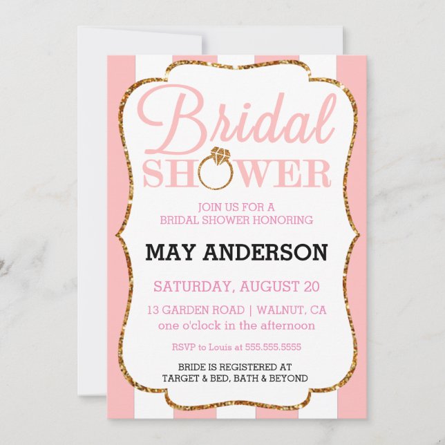 Blush Stripe Gold Glitter Bridal Shower Invitation (Front)