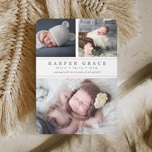 Blush Stripe   Photo Collage Birth Announcement