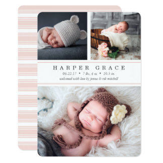 Blush Stripe | Photo Collage Birth Announcement
