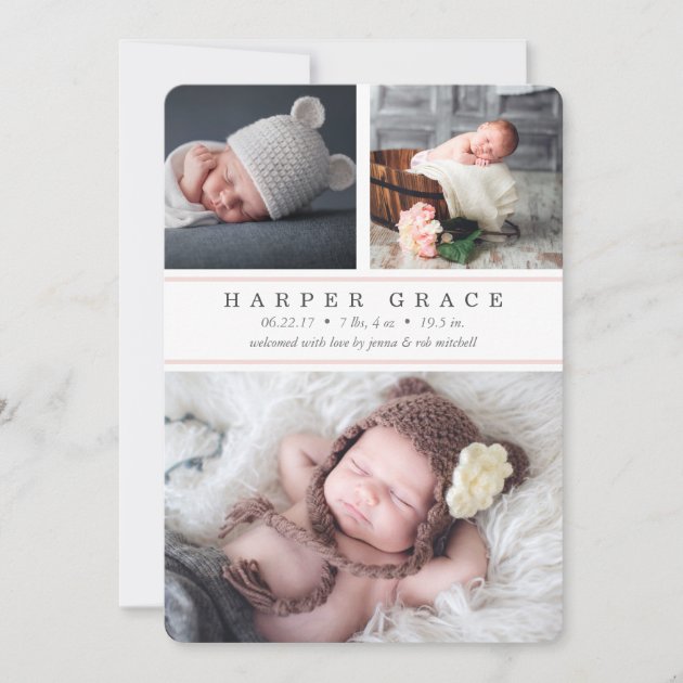 Blush Stripe | Photo Collage Birth Announcement