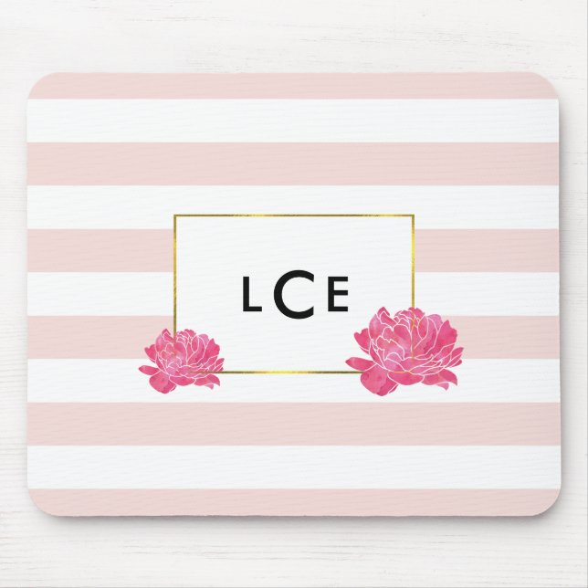 Blush Stripe & Pink Peony Monogram Mousepad (Front)