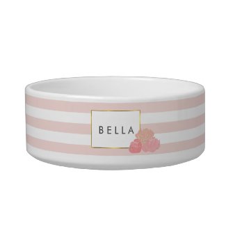 Blush Stripe & Pink Peony Personalized Pet Bowl