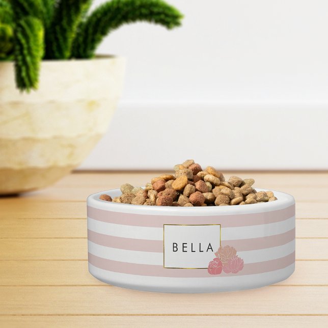 Blush Stripe & Pink Peony Personalized Pet Bowl (Creator Uploaded)
