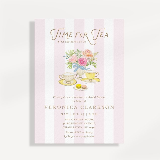 Blush Stripe Time for Tea Bridal Shower Invitation (Creator Uploaded)
