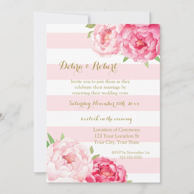Blush Stripes Pink Flowers Vow Renewal Invitation (Back)