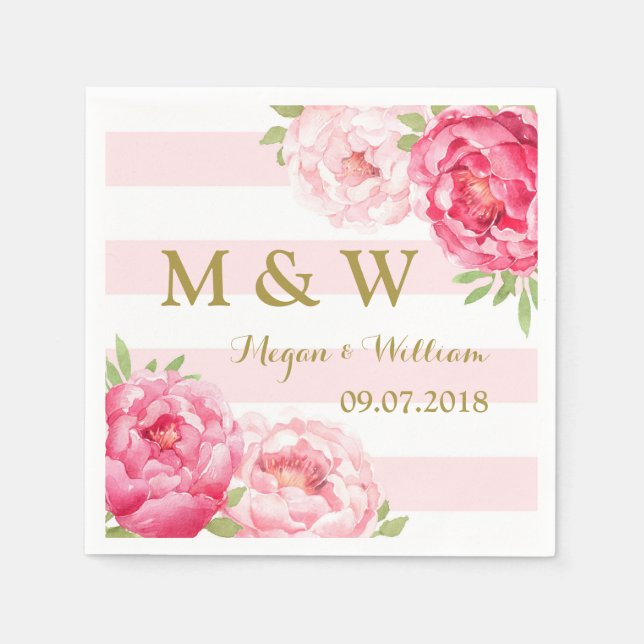Blush Stripes Pink Watercolor Wedding Monogram Paper Napkins (Front)