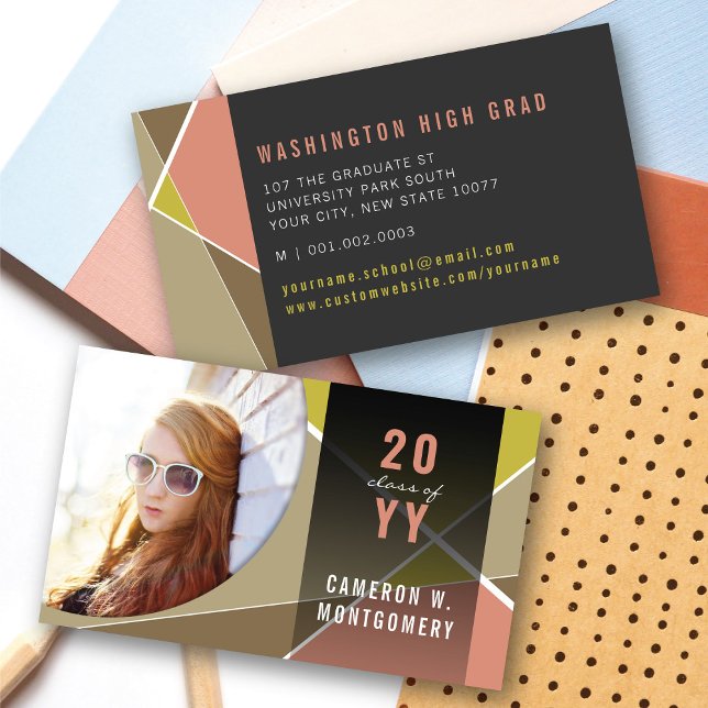 Blush Stylish Geometric Lines Mod Photo Graduate Calling Card (Pink Stylish Geometric Criss Cross Photo Graduation Calling/Name Card @ zazzle.com/color_therapy)