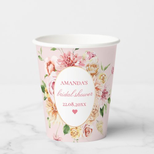 Blush Summer Floral Romantic Bridal Shower Paper C Paper Cups