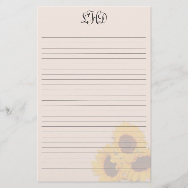 Blush Sunflowers Lined Monogram Writing Paper (Front)