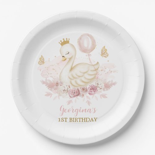 Blush Swan Princess with Balloon  Butterflies Paper Plates