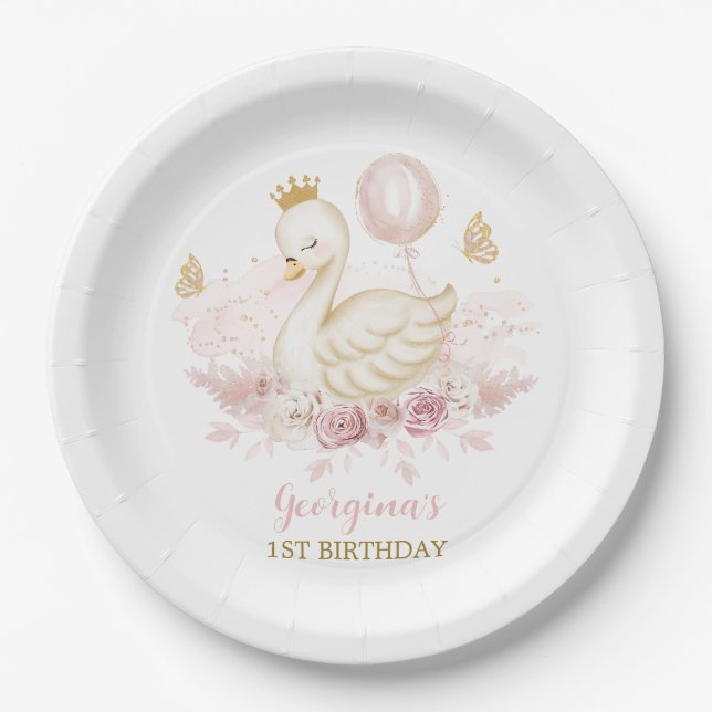 Blush Swan Princess with Balloon & Butterflies Paper Plates (Front)