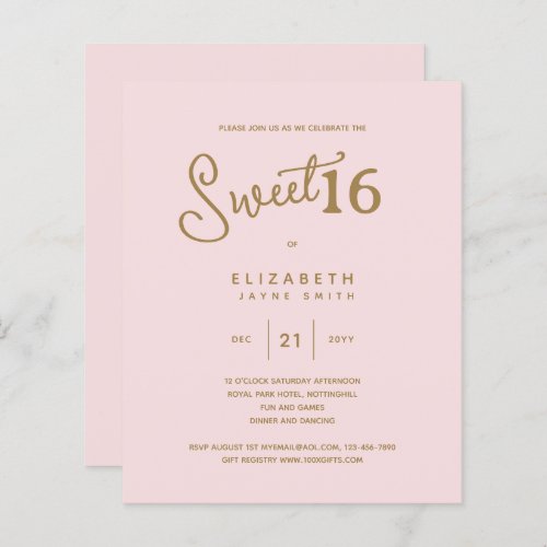 Blush SWEET 16 Modern Elegant Budget Birthday