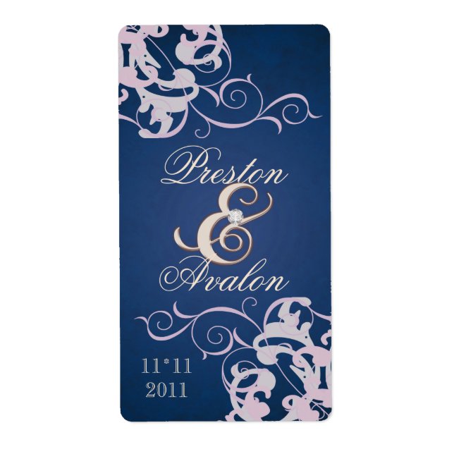 Blush Swirl Rose Gold Jeweled Blue Wine Label (Front)