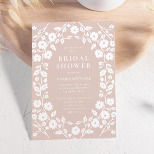 Blush Tan Simple White Folk Floral Bridal Shower Invitation