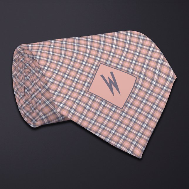 Blush Taupe and Gray Plaid Monogram Neck Tie (Creator Uploaded)