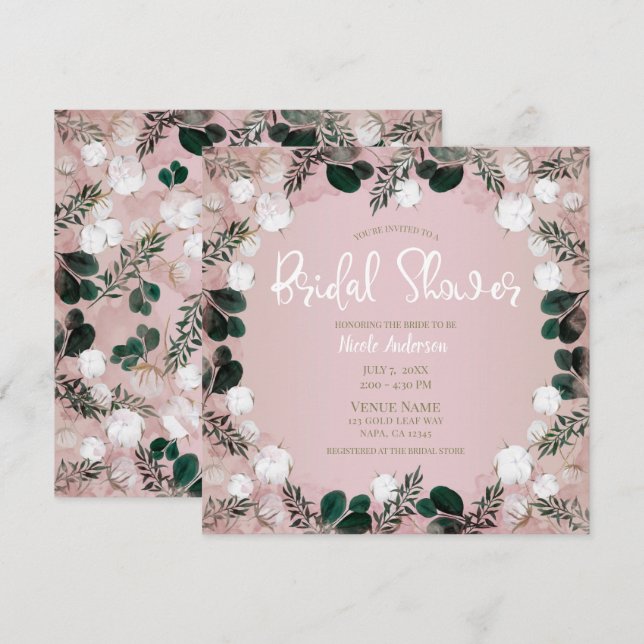 Blush Taupe Cotton Floral Greenery Bridal Shower Invitation (Front/Back)
