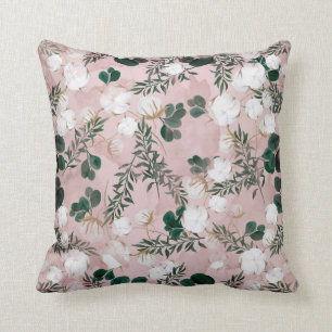 Blush Taupe Cotton Floral Greenery Rustic Shabby Throw Pillow
