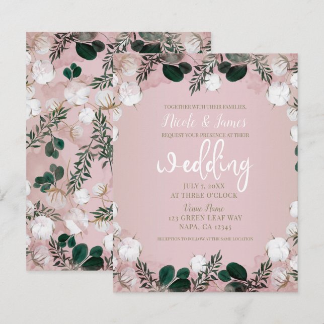 Blush Taupe Cotton Floral Greenery Rustic Wedding Invitation (Front/Back)