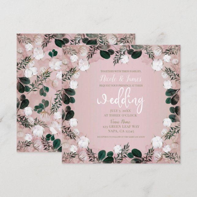 Blush Taupe Cotton Floral Greenery Rustic Wedding Invitation (Front/Back)
