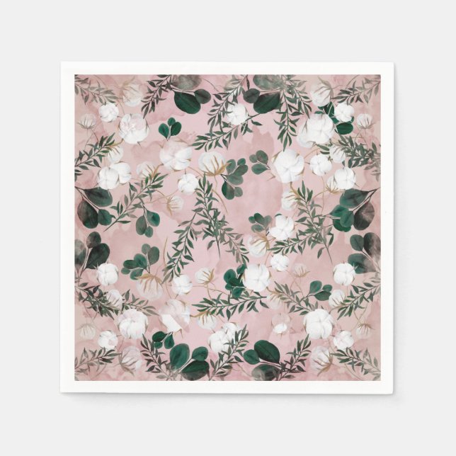 Blush Taupe Cotton Floral Greenery Rustic Wedding Napkins (Front)