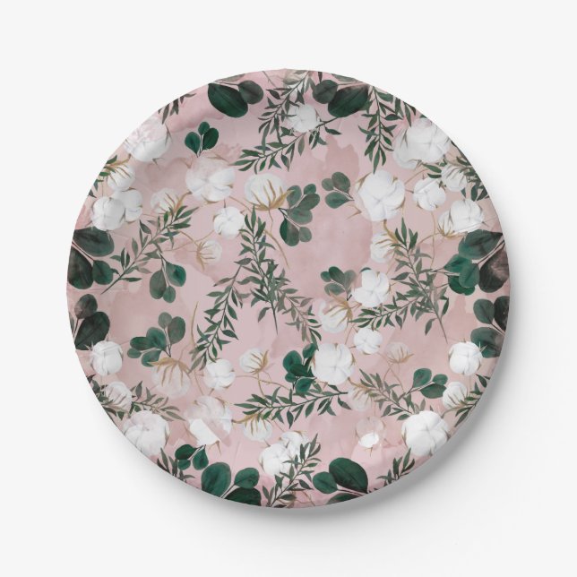 Blush Taupe Cotton Floral Greenery Rustic Wedding Paper Plates (Front)