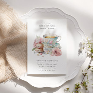 Blush Tea Cup Macaroons QR Code Bridal Shower Invitation