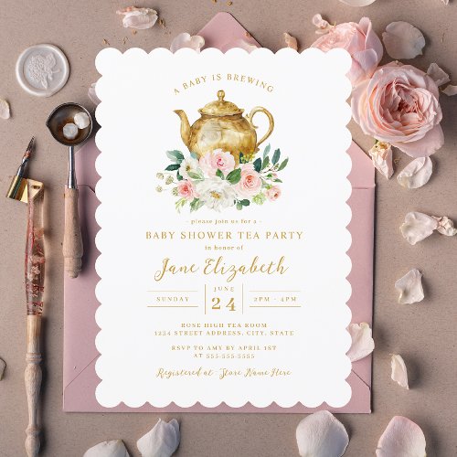 Blush Tea Party A Baby is Brewing Baby Shower  Invitation