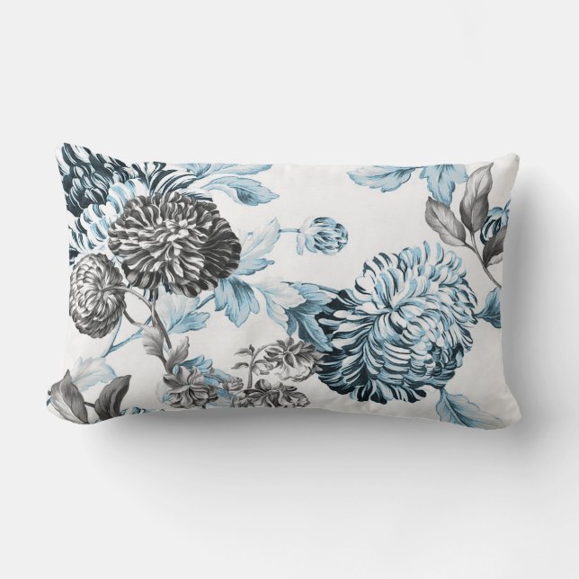 Blush Teal Black & White Botanical Floral toile Lumbar Pillow (Front)