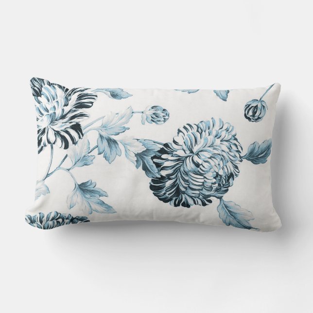 Blush Teal Blue Botanical Floral Toile No.2 Lumbar Pillow (Front)