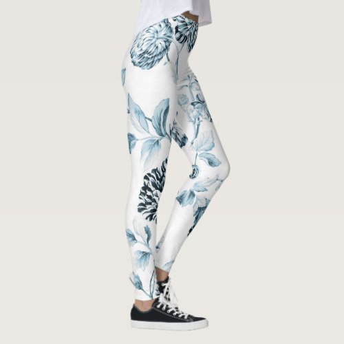 Blush Teal Blue Vintage Botanical Floral Toile No2 Leggings