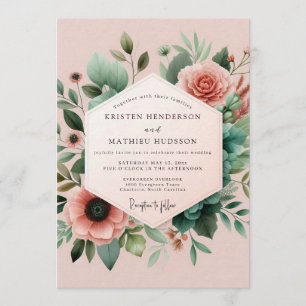 Blush Teal Botanical Wedding Invitation