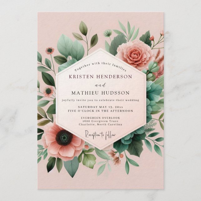 Blush Teal Botanical Wedding Invitation (Front)